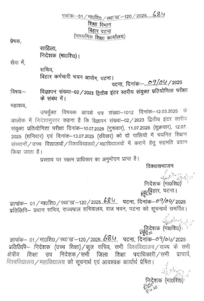 Bihar SSC Inter Level Exam Date 2025 Notice