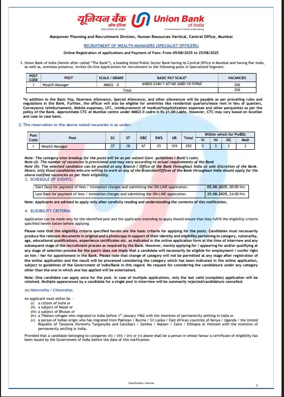 Union Bank Wealth Manager Recruitment 2025